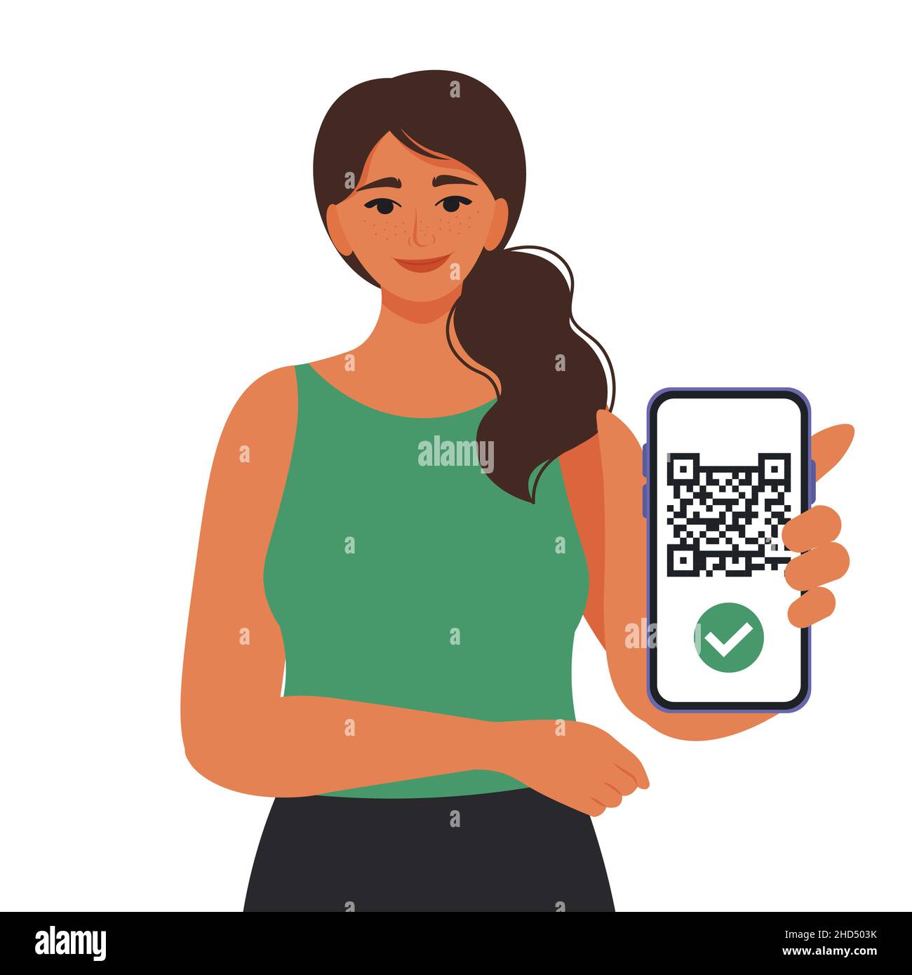 Femme affichant un code qr sur un smartphone.Passeport de vaccination, certificat numérique.Illustration vectorielle de style plat Illustration de Vecteur