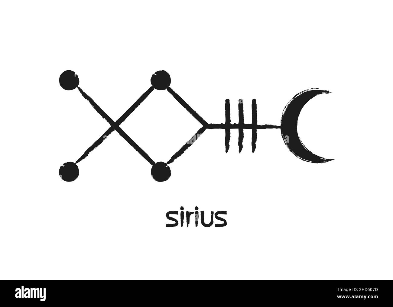 Symbole mystique de l'étoile de Sirius Astrologie Alphabet signe, symboles kabbalistiques majeurs de Canis, icône de style pinceau de tatouage noir, logo vectoriel Illustration de Vecteur