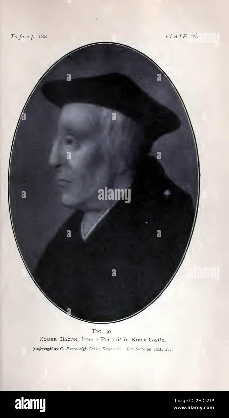 Vieux portrait noir et blanc de Roger Bacon dans les textes alchimie du XVIIIe-XIXe siècle Banque D'Images