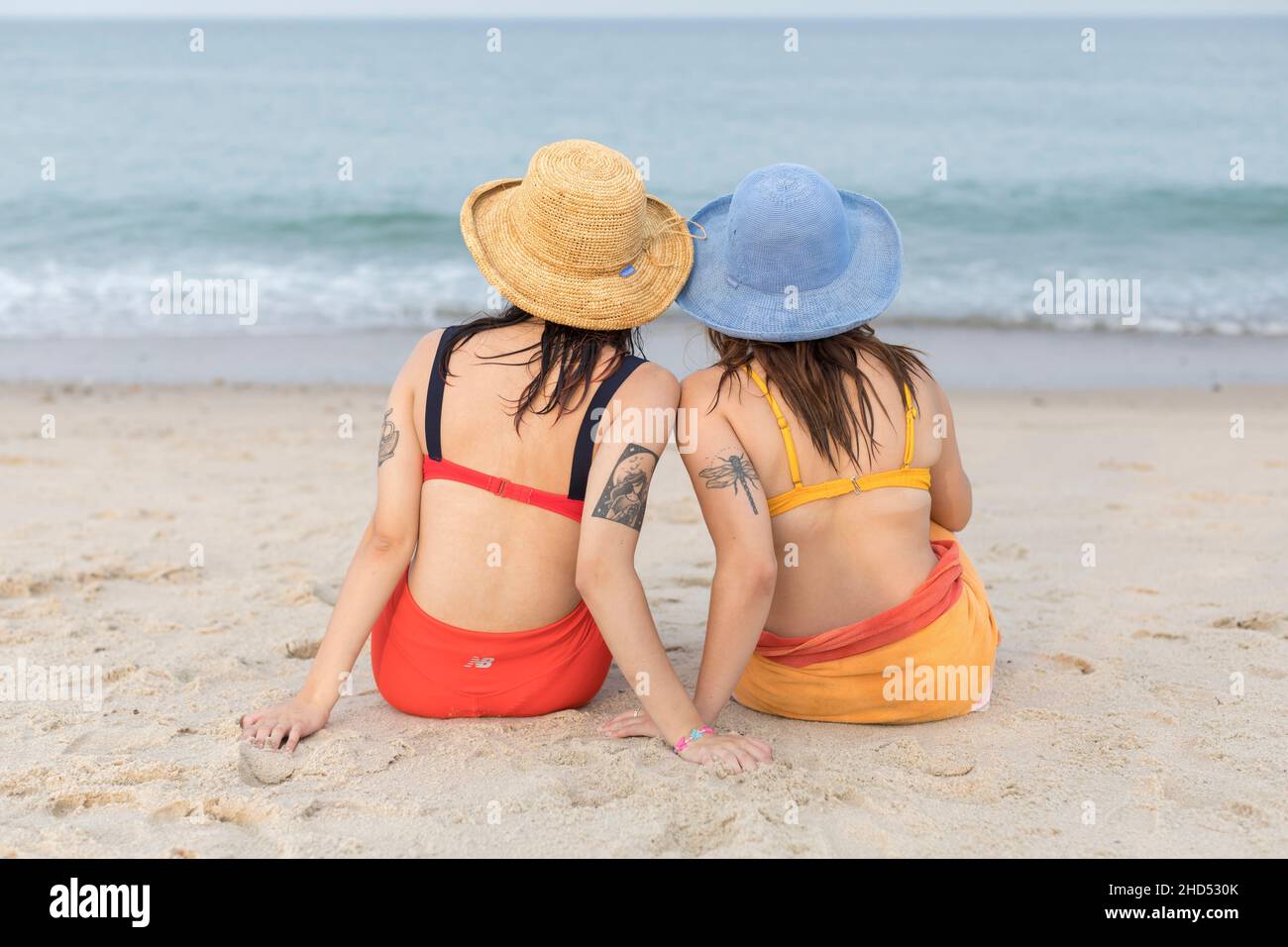 Deux copines d'âge universitaire assises sur la plage depuis l'arrière Banque D'Images