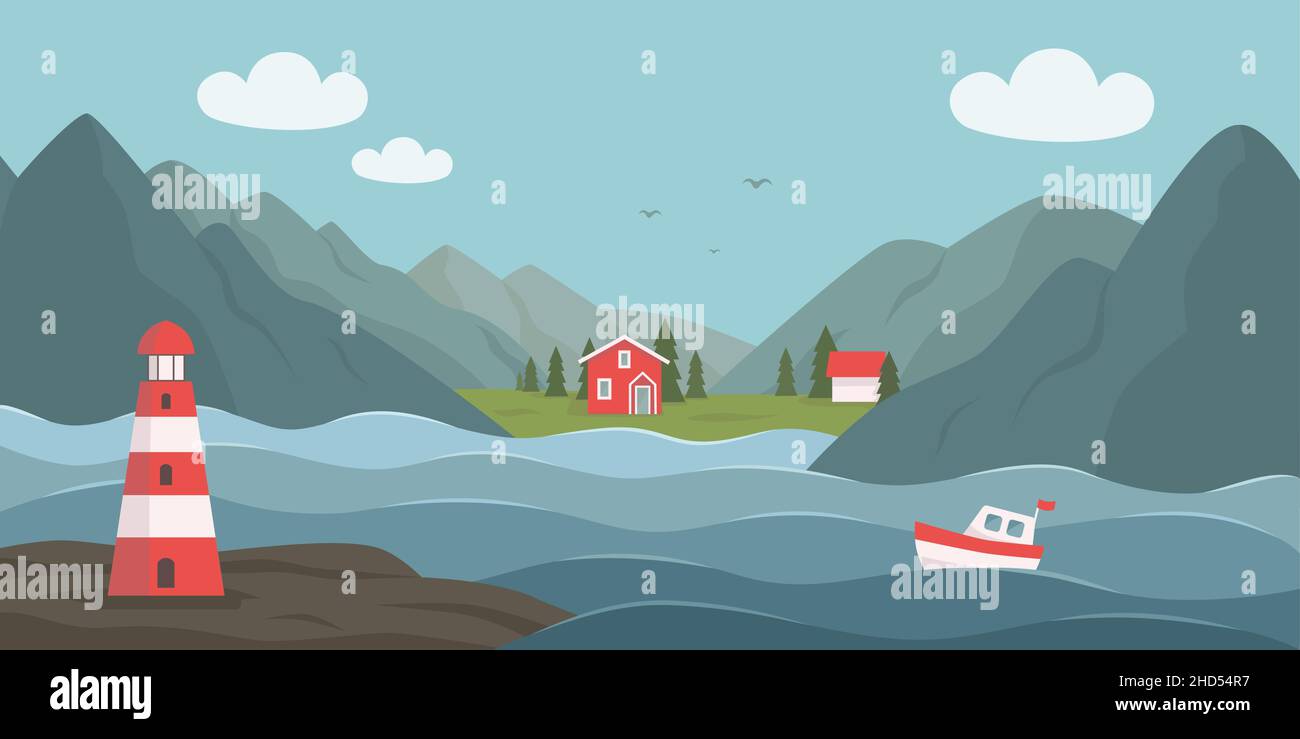 Paysage norvégien en Europe du Nord.Illustration vectorielle.Nature style de vie extérieur. Illustration de Vecteur