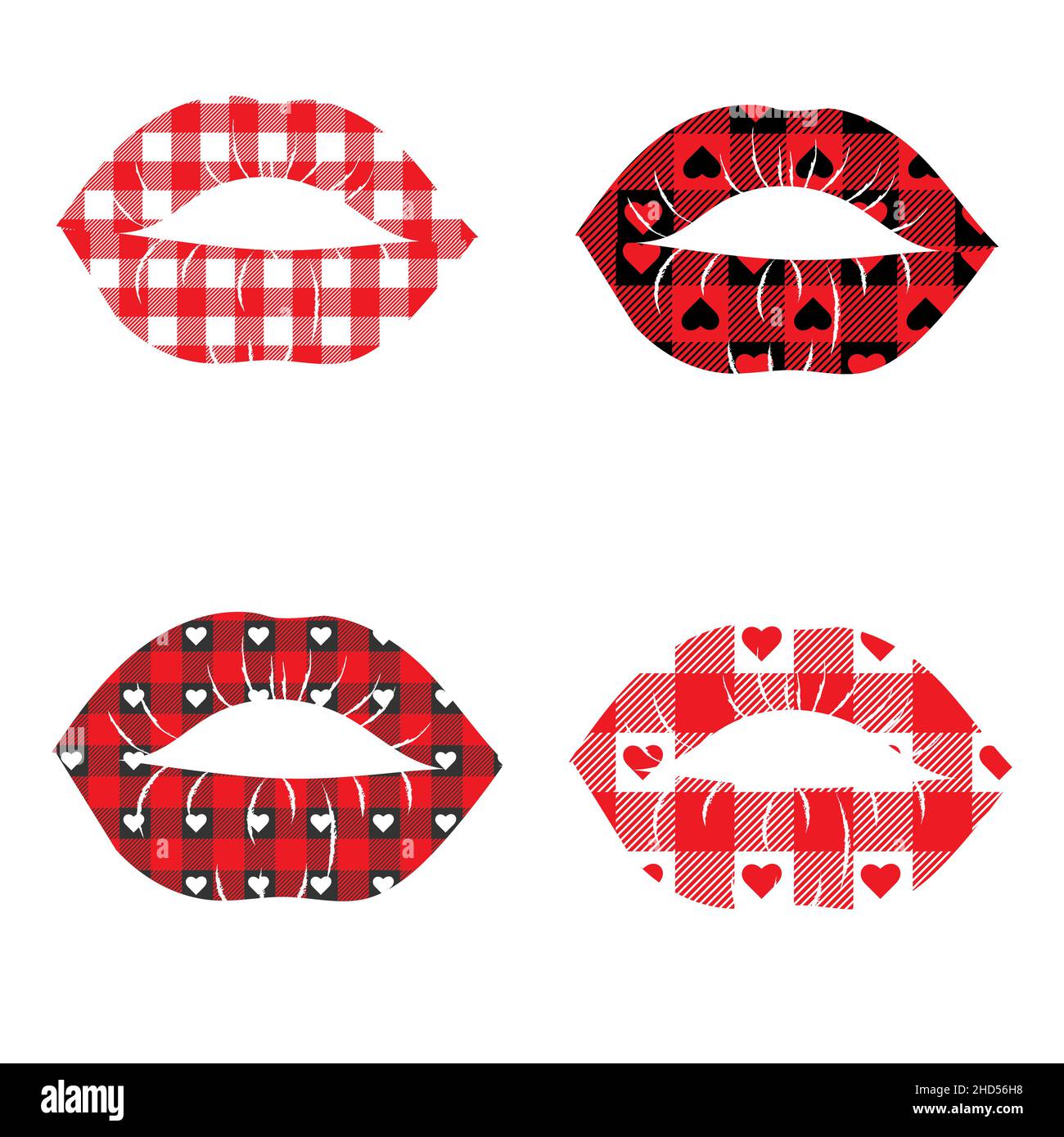 Set lèvres coeur Vichy, fonds vichy dans le rouge, noir, blanc, ou autre Saint Valentin conception textile de vacances Illustration de Vecteur