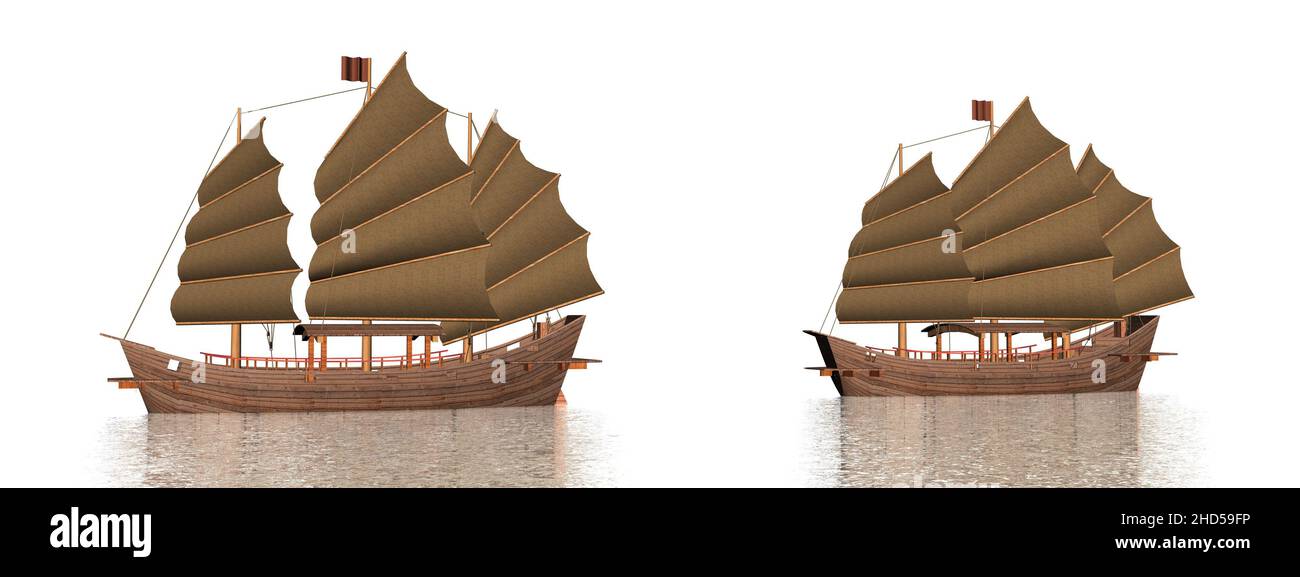 Deux junks orientales sur l'eau - rendu 3D Banque D'Images