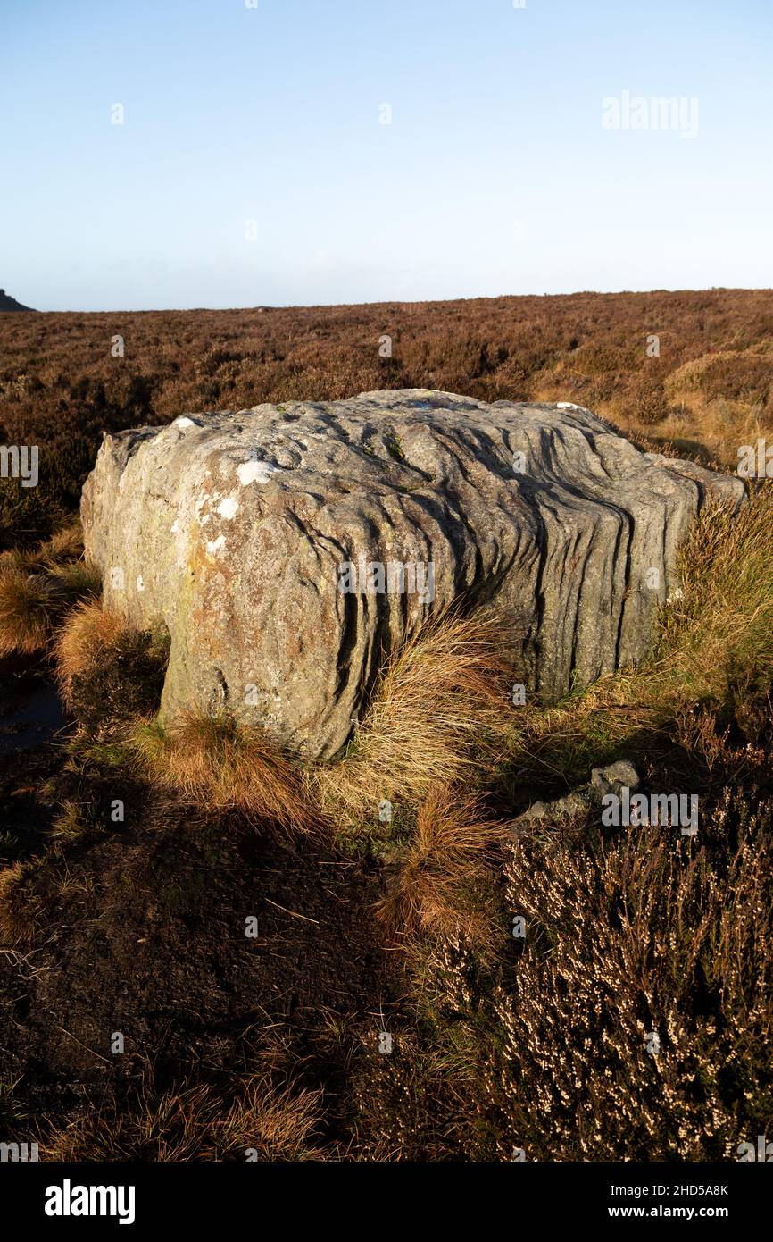 Roche érodée sur les collines Simonside de Northumberland, Angleterre.Faisant partie des collines Cheviot, Simonside se trouve dans le parc national de Northumberland. Banque D'Images