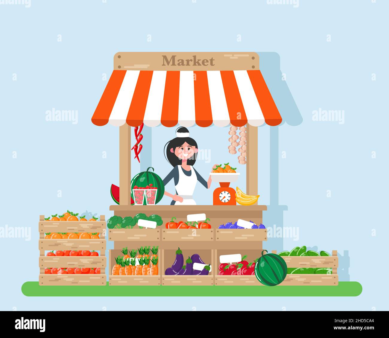 Une ferme avec un vendeur.Fruits et légumes frais.Illustration vectorielle dans un style plat. Illustration de Vecteur
