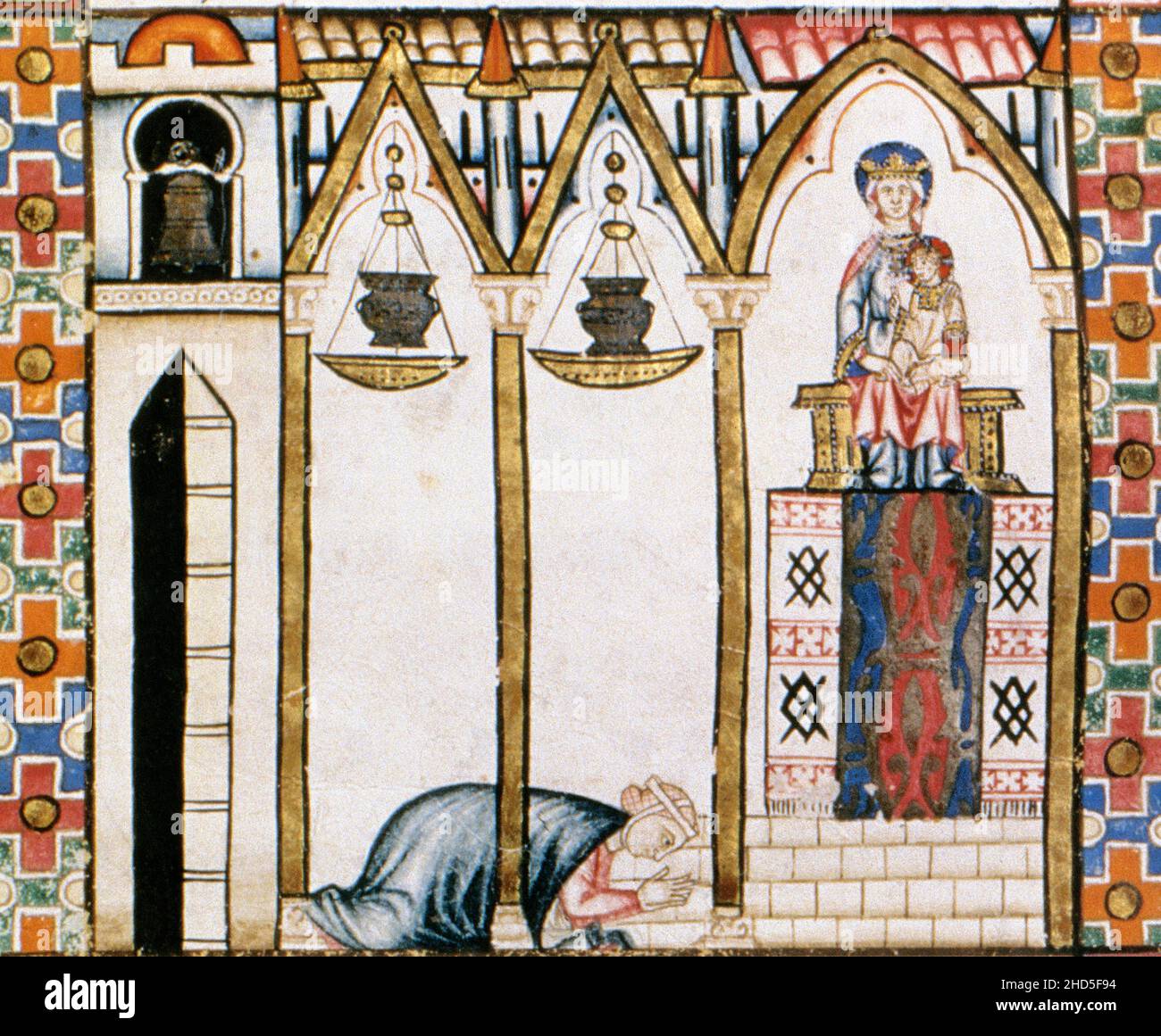 Les Cantigas de Santa Maria (chants de Sainte Marie ou canticules de Sainte Marie).Codice d'El Escorial.Écrit dans la langue galicienne médiévale pendant le règne du roi Alfonso X le Sage (1221-1284), attribué à lui.Détail d'une miniature représentant une dame dans une chapelle priant à la Vierge Marie.Cantiga 68, folio 101r.A Goriosa grandes es faz.Réconciliation des femmes qui sont rivales dans l'amour.Bibliothèque royale d'El Escorial.Communauté de Madrid, Espagne.Patrimoine national. Banque D'Images