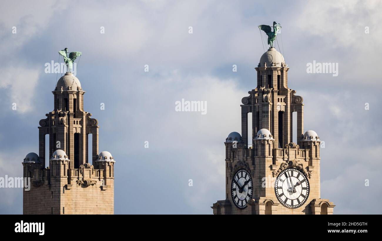 Liver Birds au sommet de l'édifice Royal Liver, en observant Liverpool et la rivière Mersey. Banque D'Images