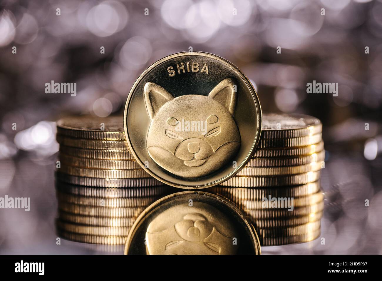 Crypto-monnaie Shiba Inu, pièce de monnaie physique devant un arrière-plan abstrait Banque D'Images