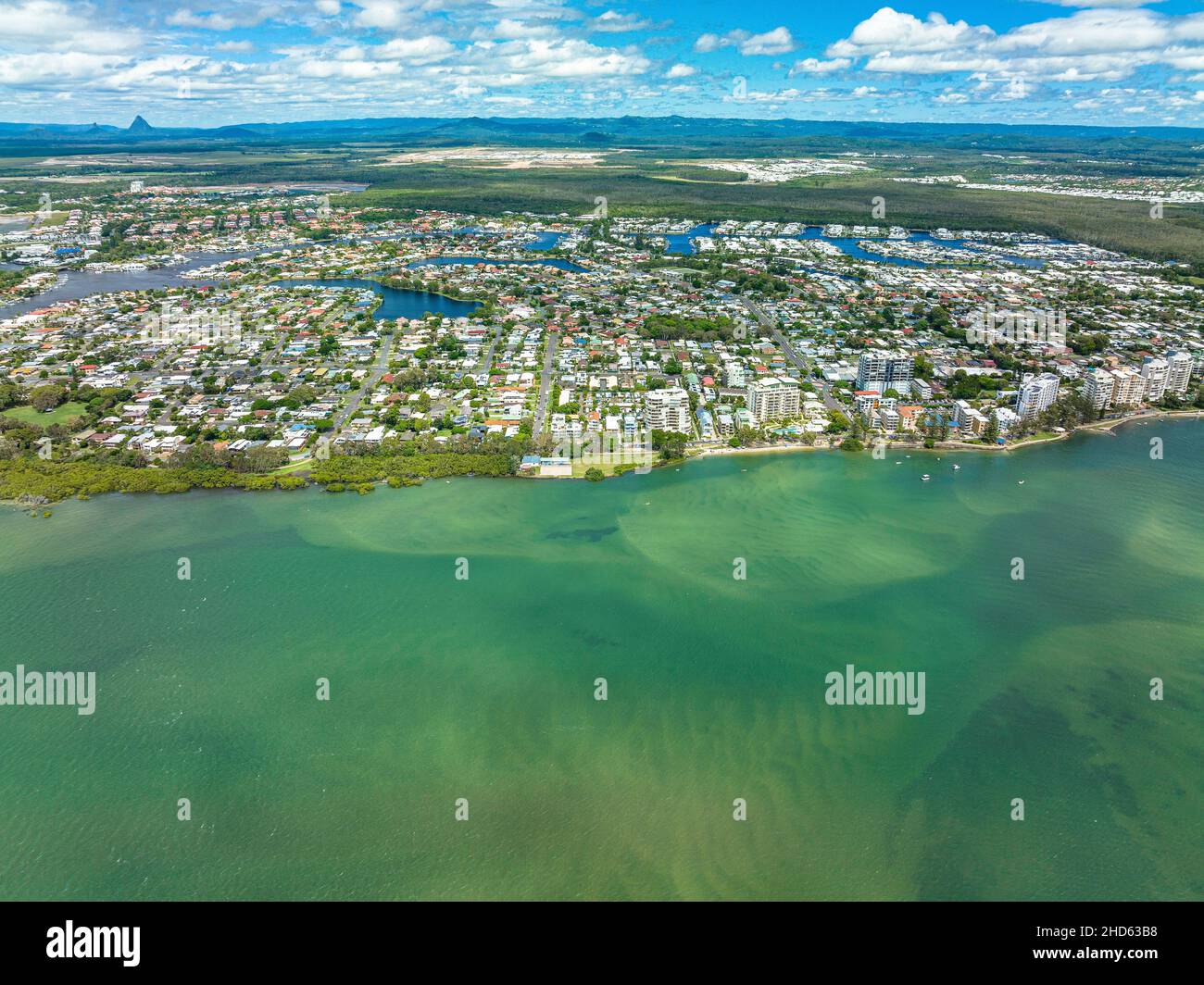 Golden Beach, prise de vue depuis le dessus de l'île Bribie.Queensland, Australie. Banque D'Images