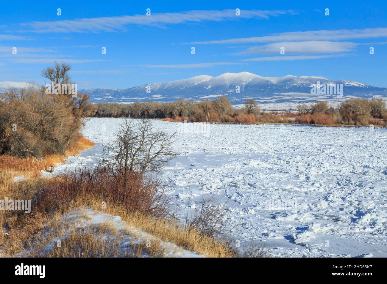 confiture de glace sur le fleuve missouri en hiver sous le mont baldy à townsend, montana Banque D'Images