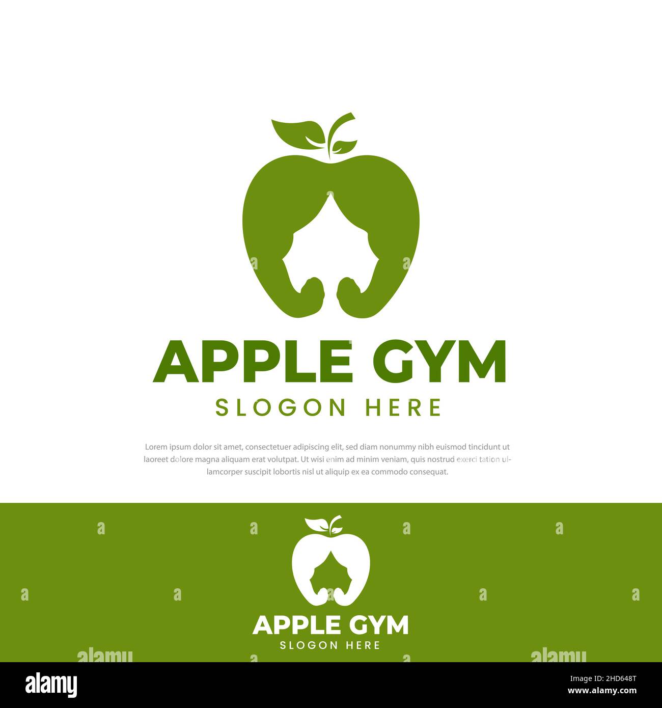 Logo pomme vert fort.Vecteur de pomme musculaire.Pomme forte isolée sur fond blanc.Pomme avec clip de bras de muscle art Illustration de Vecteur