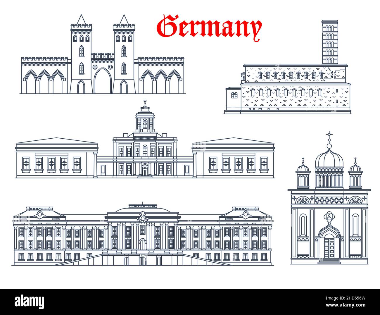 Architecture allemande, monuments de Potsdam, palais et églises, bâtiments à vecteur de voyage.Église de paix Friedenskirche, Mémorial Alexandre Nevsky, Pot Illustration de Vecteur