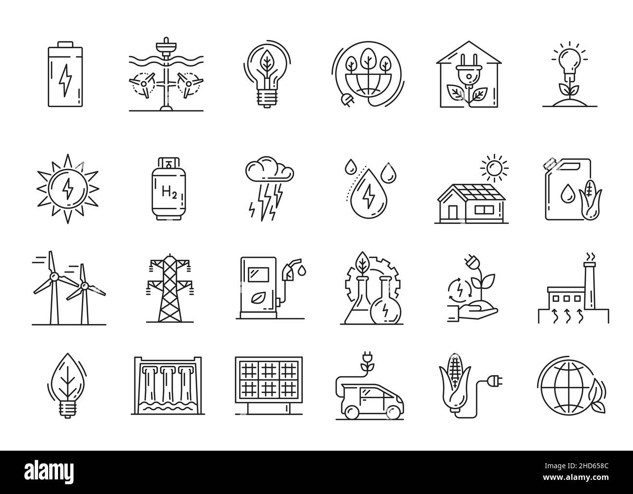 Énergie propre et verte, icônes de la technologie environnementale.Source d'énergie renouvelable, biocarburants et transport électrique présentent des icônes vectorielles, un symbole de ligne mince Illustration de Vecteur