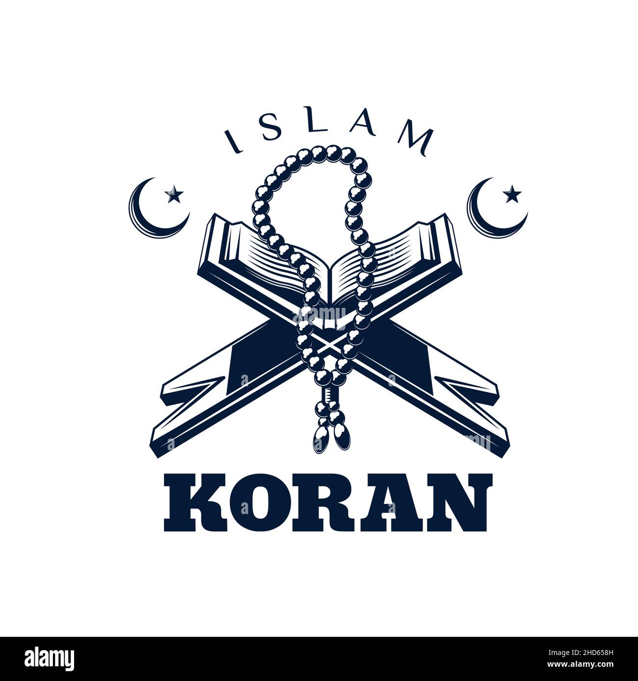 Coran livre icône vecteur isolé, religion musulmane.Le livre Saint Coran et les perles de prière de l'Islam sur le symbole du repos en bois de Rhal avec le croissant de lune et les étoiles musulmans Illustration de Vecteur