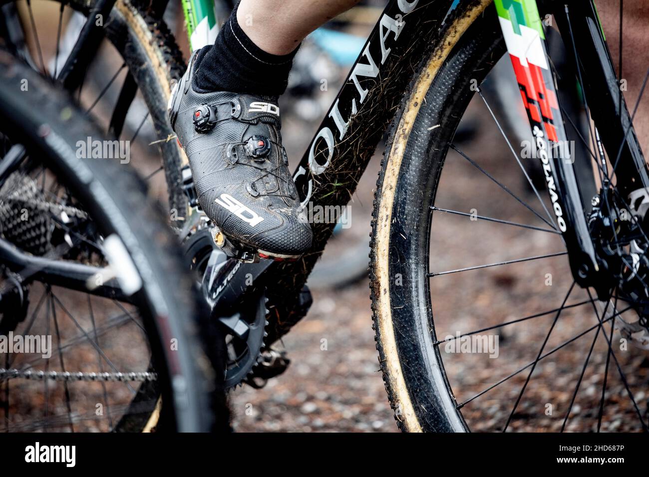 WA20577-00....WASHINGTON - détail des vélos alignés lors d'une course de cyclocross. Banque D'Images