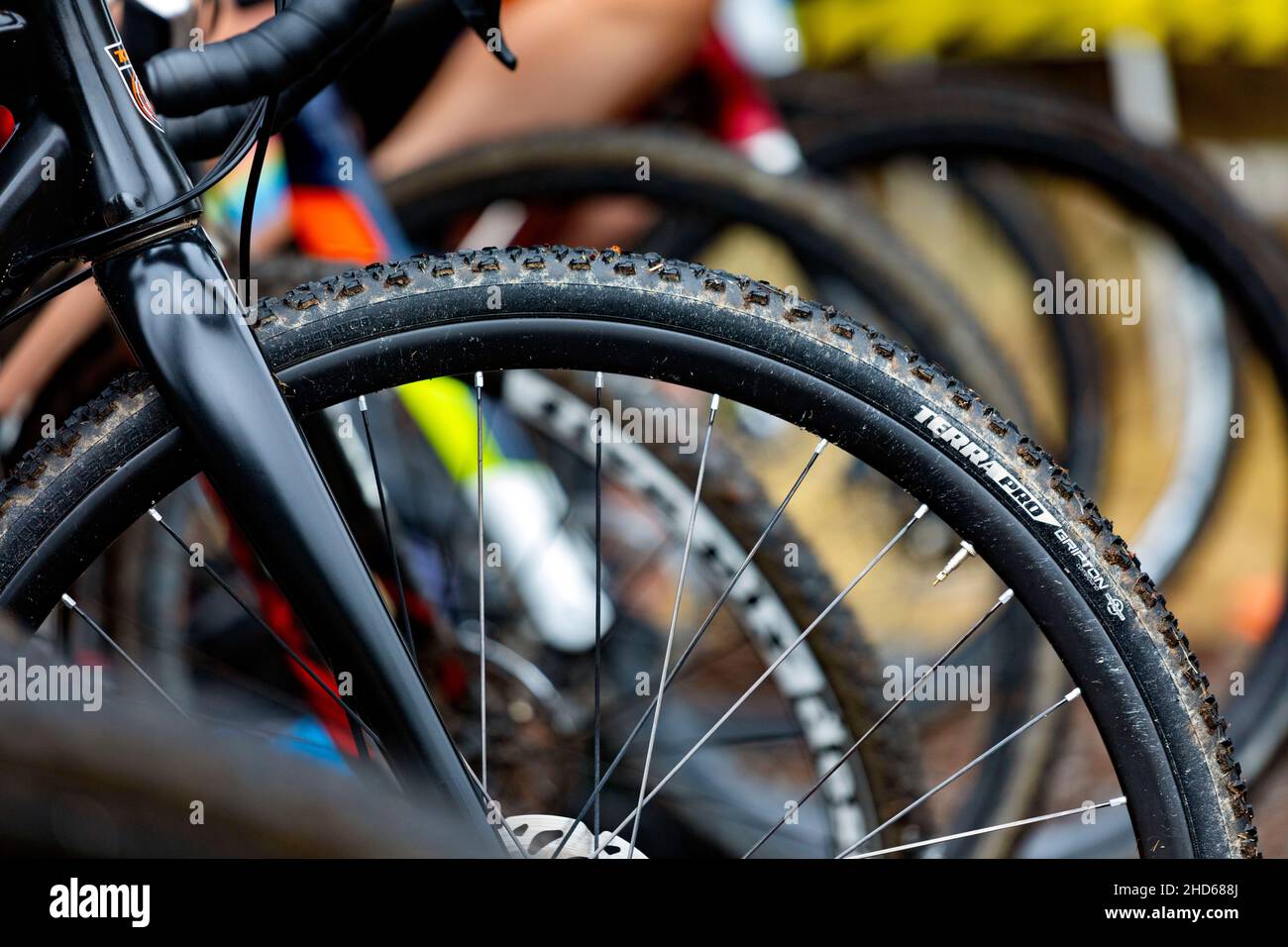 WA20578-00....WASHINGTON - détail des vélos alignés lors d'une course de cyclocross. Banque D'Images