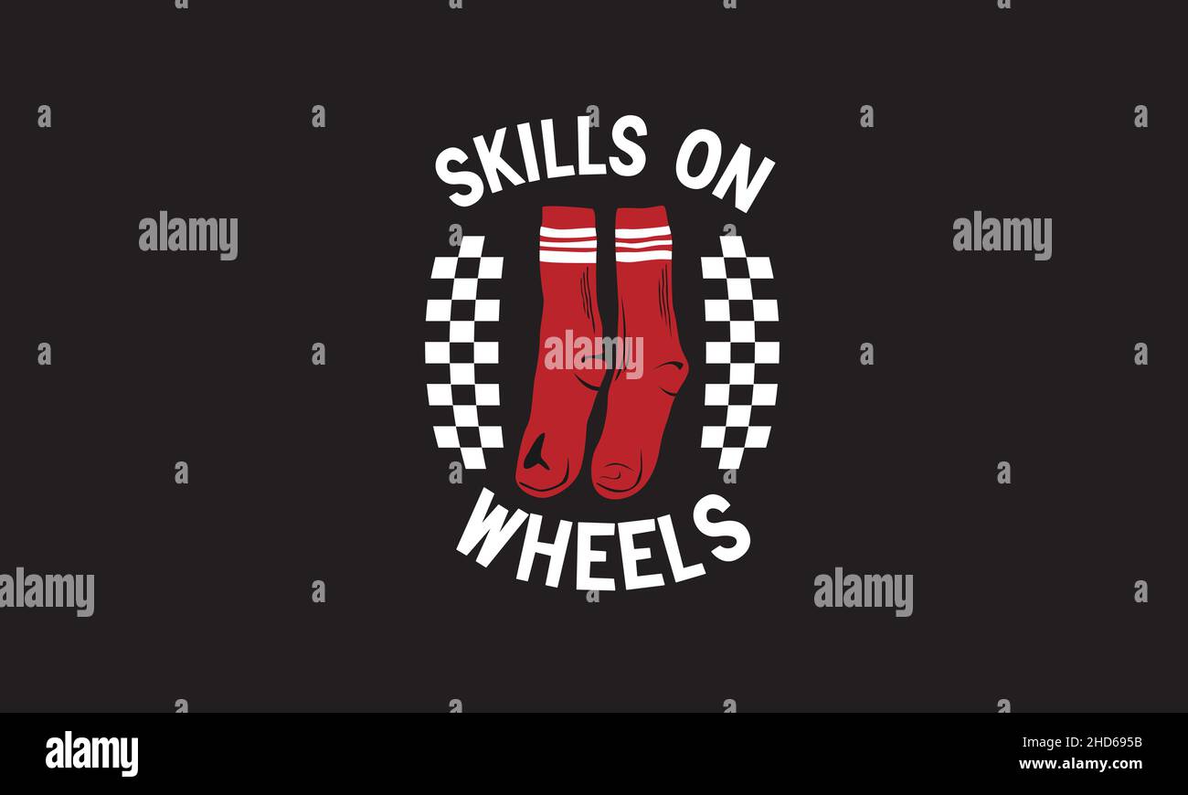 skills on wheels chaussettes skateboard t-shirt monogramme texte modèle vectoriel Illustration de Vecteur