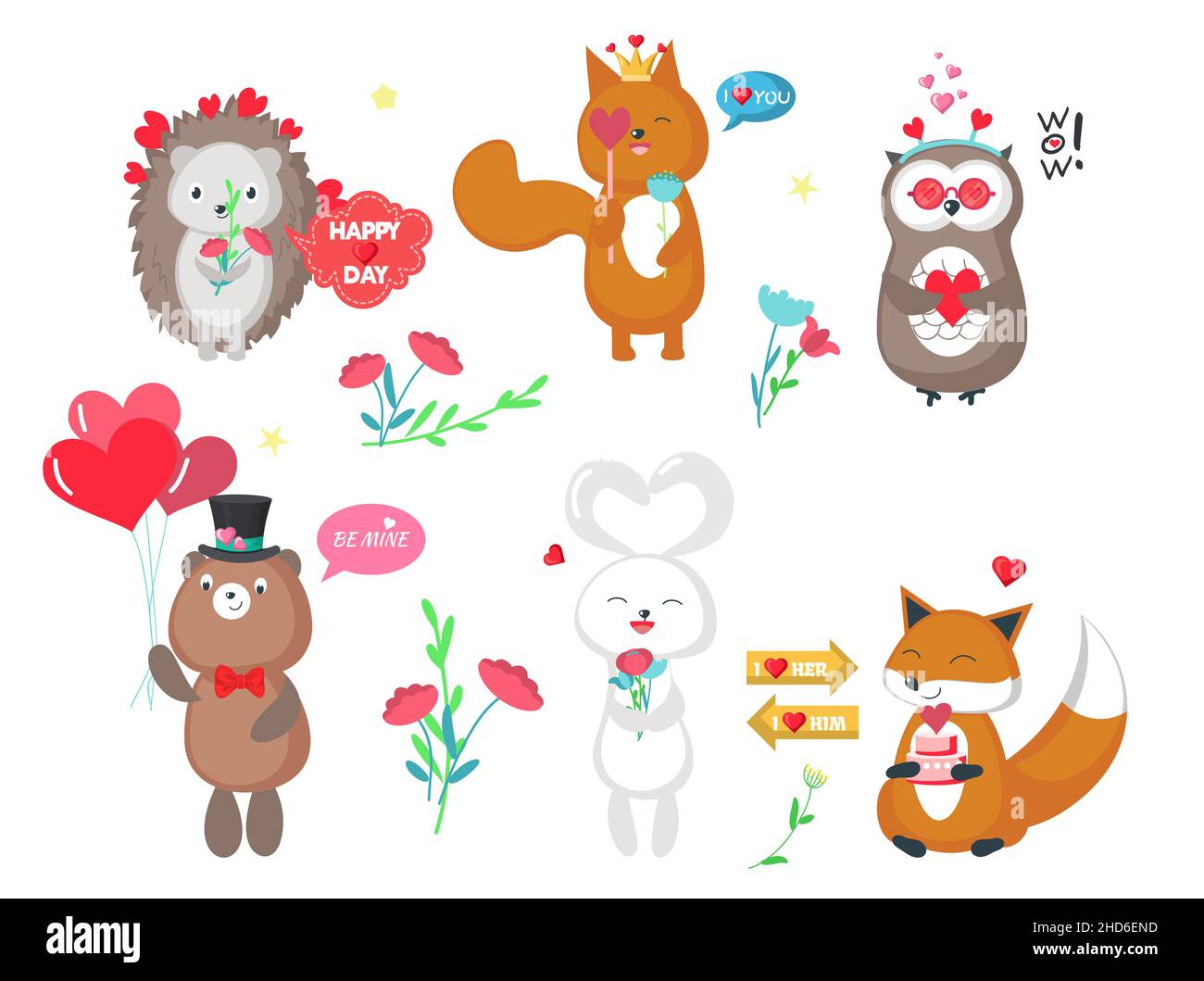 Animaux de la forêt mignons en amour, illustration vectorielle.Ours drôle, hérisson, écureuil, renard, hibou,lapin avec cœur, ballons Illustration de Vecteur