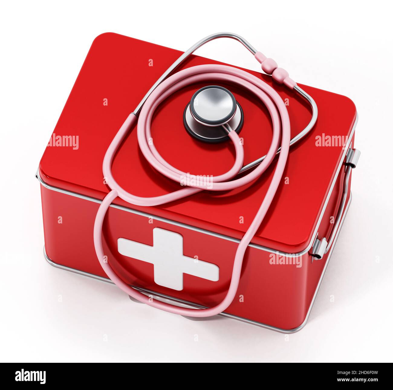 Boîte à médicaments et stéthoscope isolés sur fond blanc.3D illustration. Banque D'Images