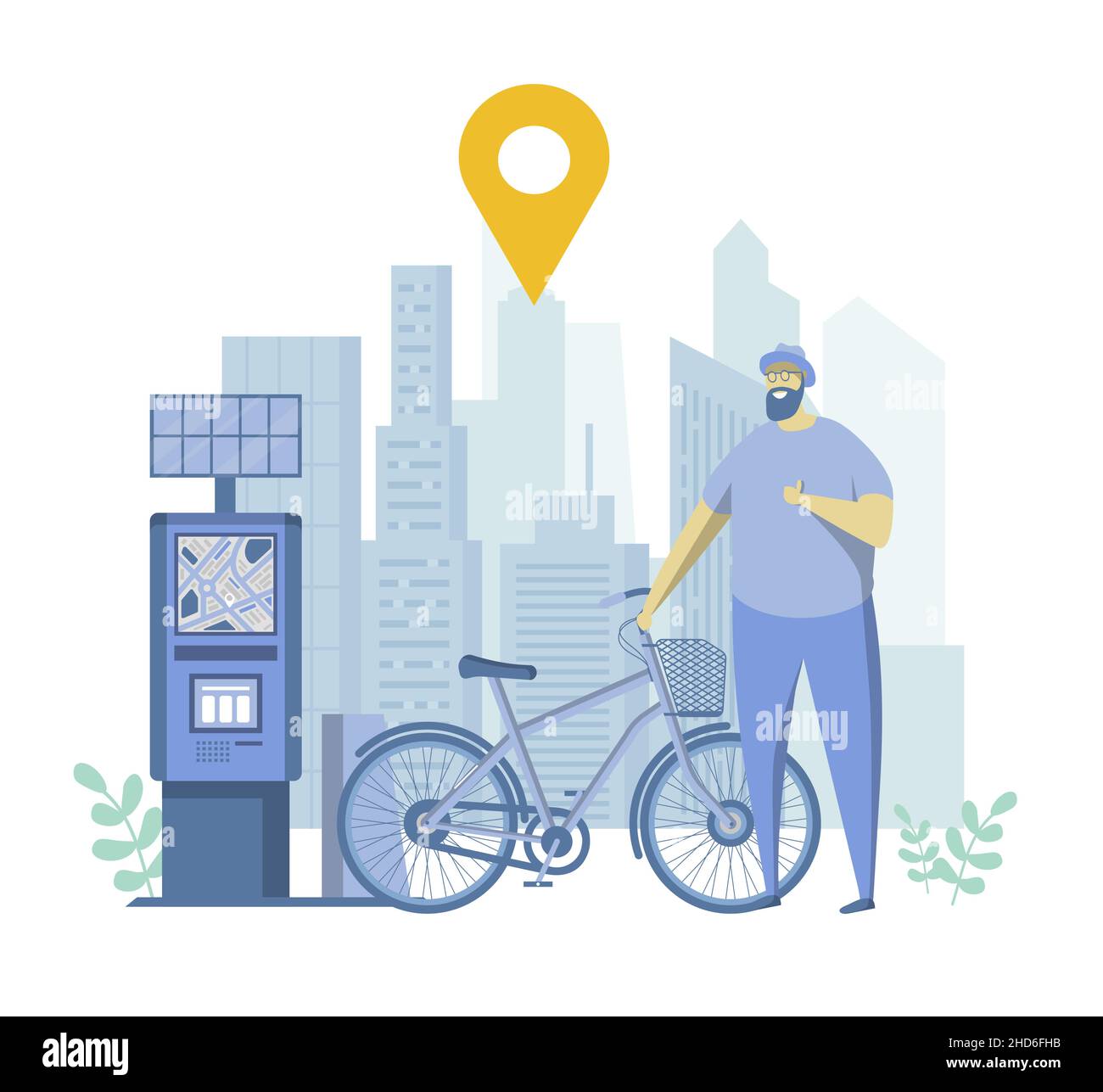Service de location de vélos, illustration vectorielle.Location de vélos et terminal de paiement au parking pour vélos.Partage de vélo. Illustration de Vecteur