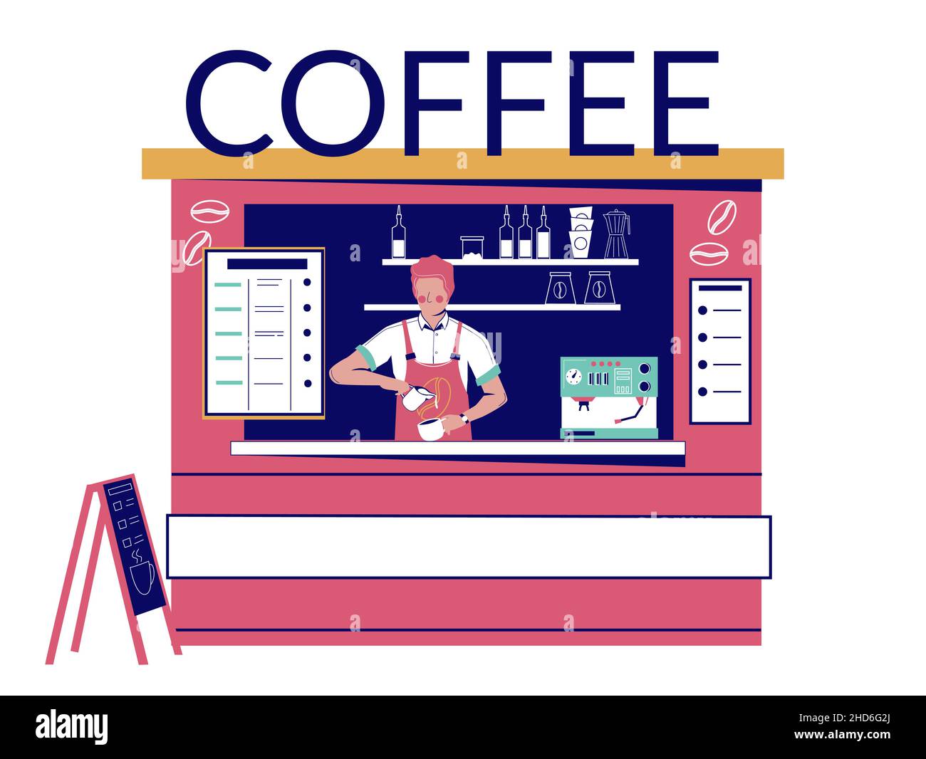 Café de rue avec un barista qui prépare un café, illustration vectorielle.Street café petite entreprise. Illustration de Vecteur