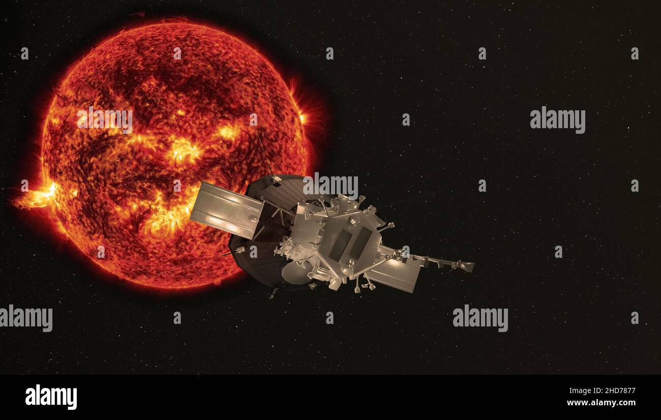 Une sonde pour étudier le soleil, en approchant d'une étoile.Des éléments de cette image ont été fournis par la NASA.3d rendu. Banque D'Images