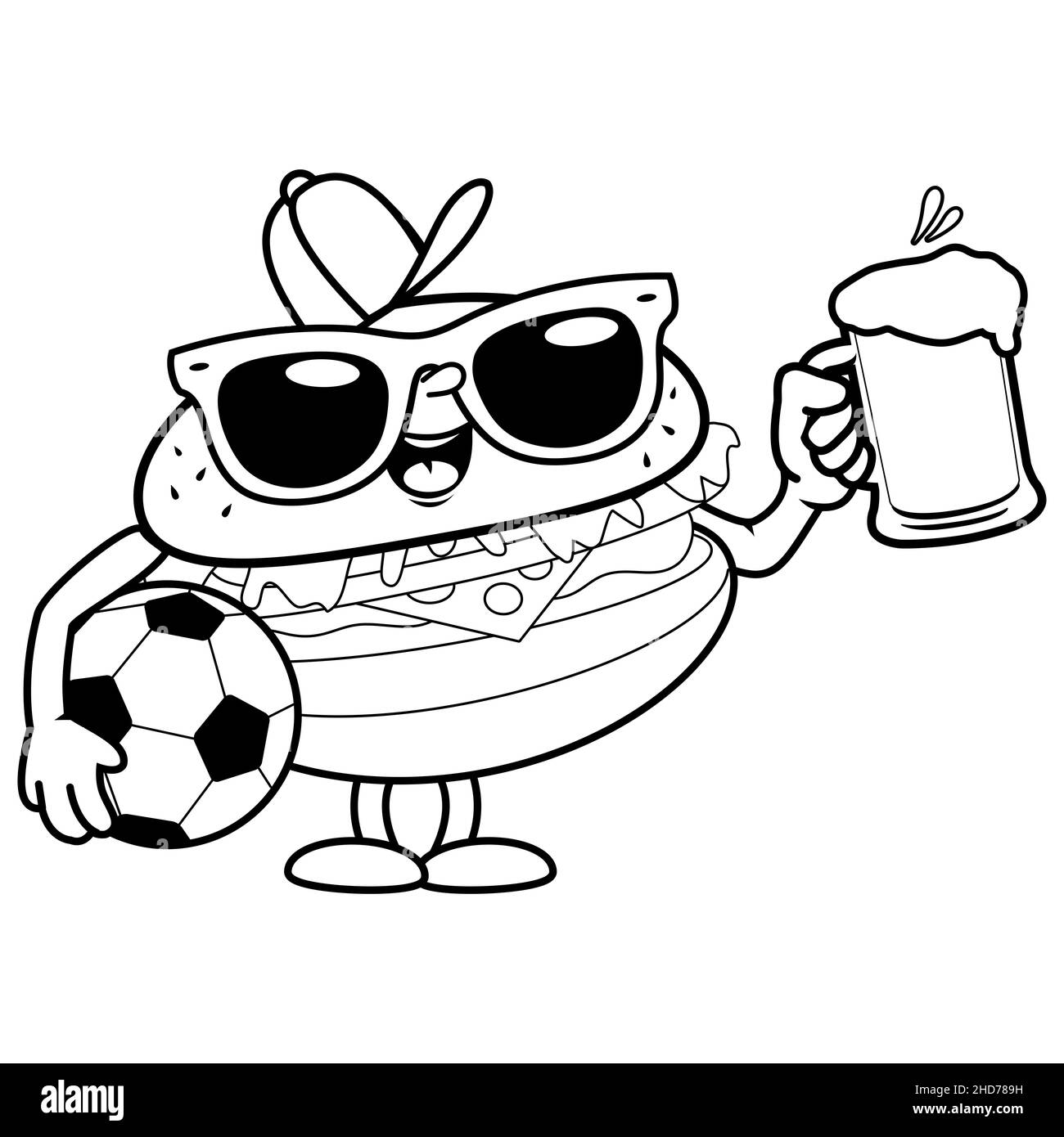 Hamburger de dessin animé avec un ballon de football buvant de la bière.Page de couleur noir et blanc. Banque D'Images