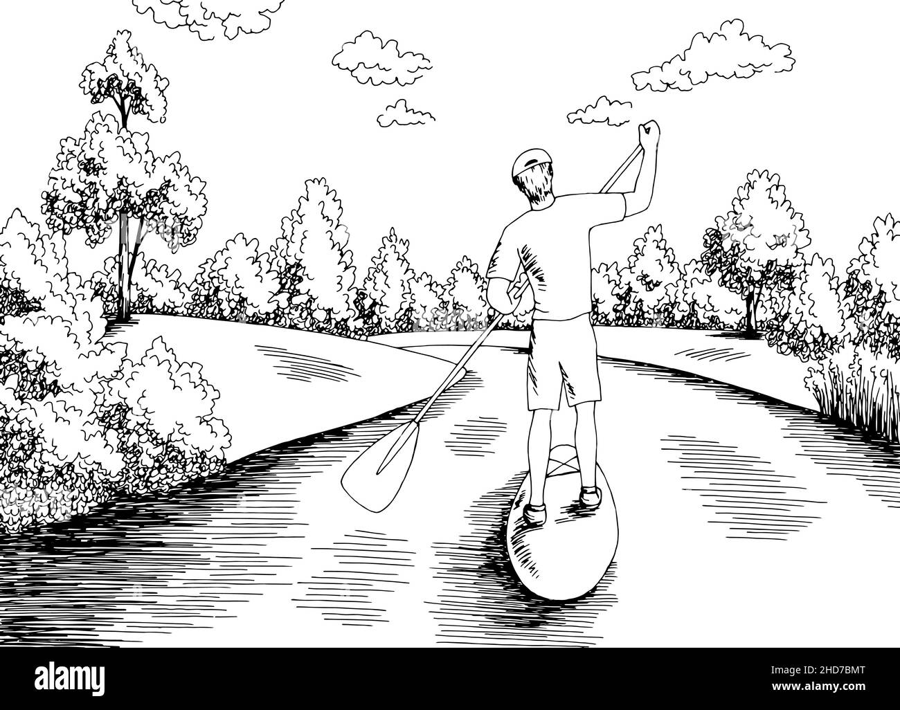 Panneau SUP graphique de voyage noir blanc rivière paysage dessin vecteur d'illustration Illustration de Vecteur