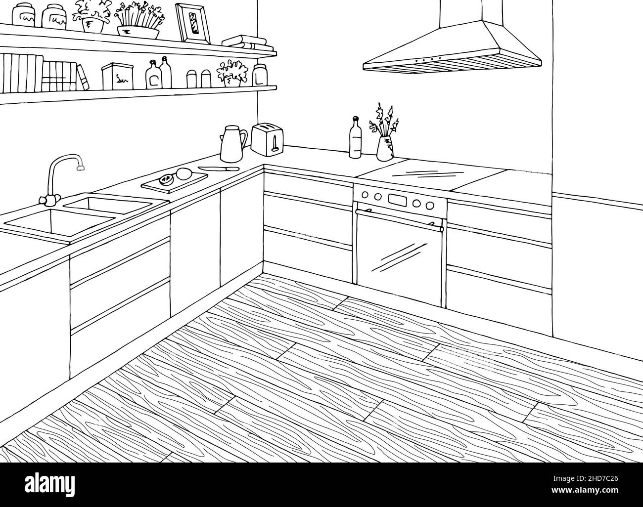 Dessin d'intérieur graphique noir blanc vectoriel d'illustration de la salle de cuisine Illustration de Vecteur
