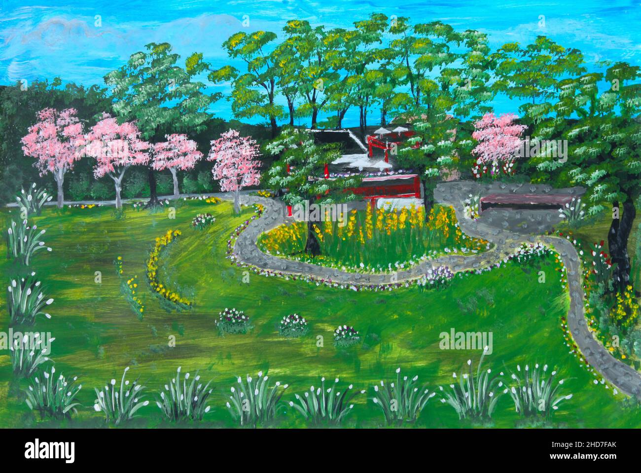 Peinture à l'huile sur toile de petite maison rurale nichée dans Un jardin chinois Banque D'Images