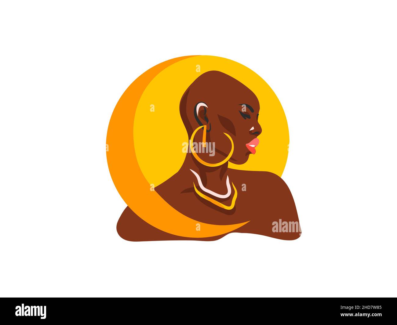 Dessin à la main vecteur résumé stock plat graphique illustration avec ethnique tribal noir belle femme afro-américaine et boucles d'oreilles dorées et lune dedans Illustration de Vecteur