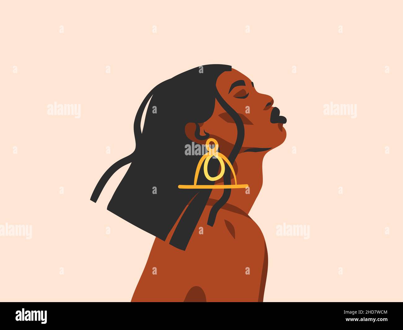 Dessin à la main vecteur résumé stock plat graphique illustration avec ethnique tribal noir belle afro-américaine femme et boucles d'oreilles dorées style simple Illustration de Vecteur
