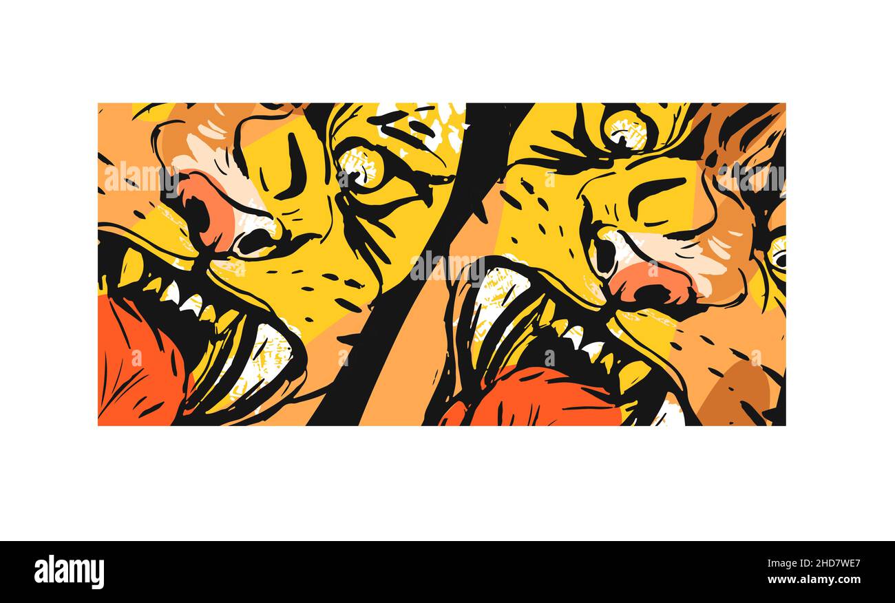 Dessin vectoriel abstrait graphique à la main dessin à l'encre de faces de tigres, dans des couleurs orange isolées sur fond blanc. Illustration de Vecteur