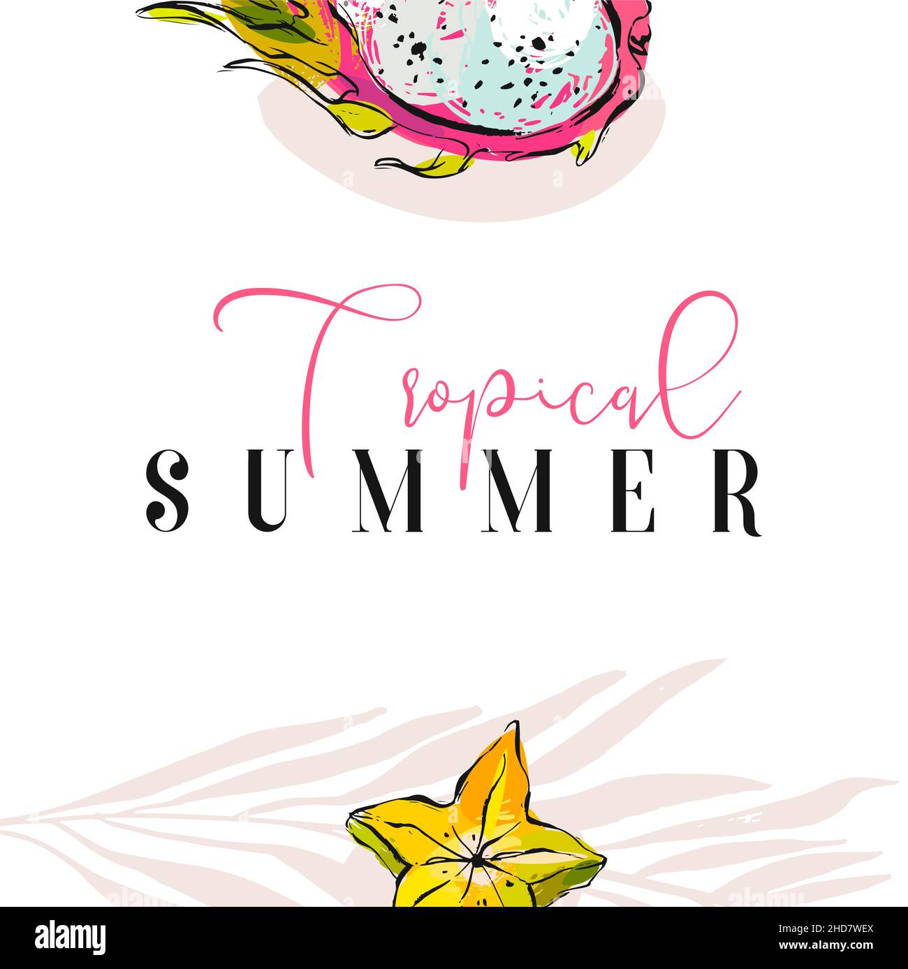 Illustration graphique à plat de stock abstrait vectoriel dessinée à la main avec carte de visite ou modèle de bordure avec noix de coco tropicale exotique, carambola et Illustration de Vecteur