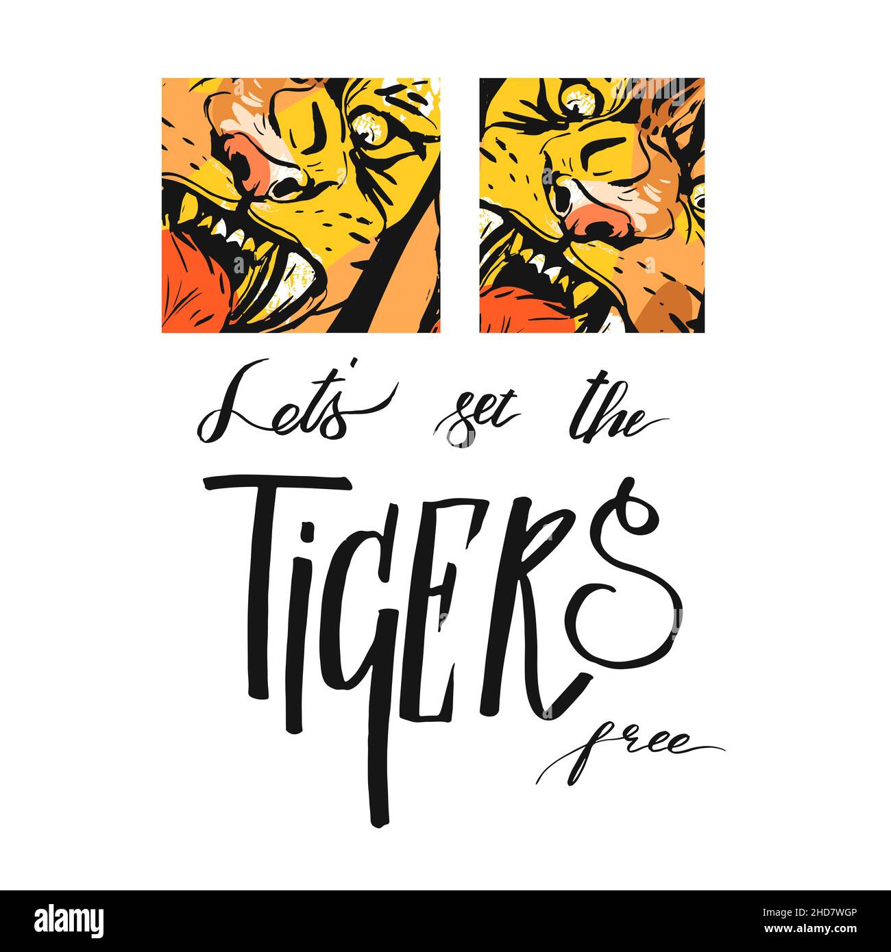 Dessin vectoriel abstrait à la main dessin d'encre graphique de tigres faces en orange isolées sur fond blanc avec citation manuscrite de calligraphie Illustration de Vecteur