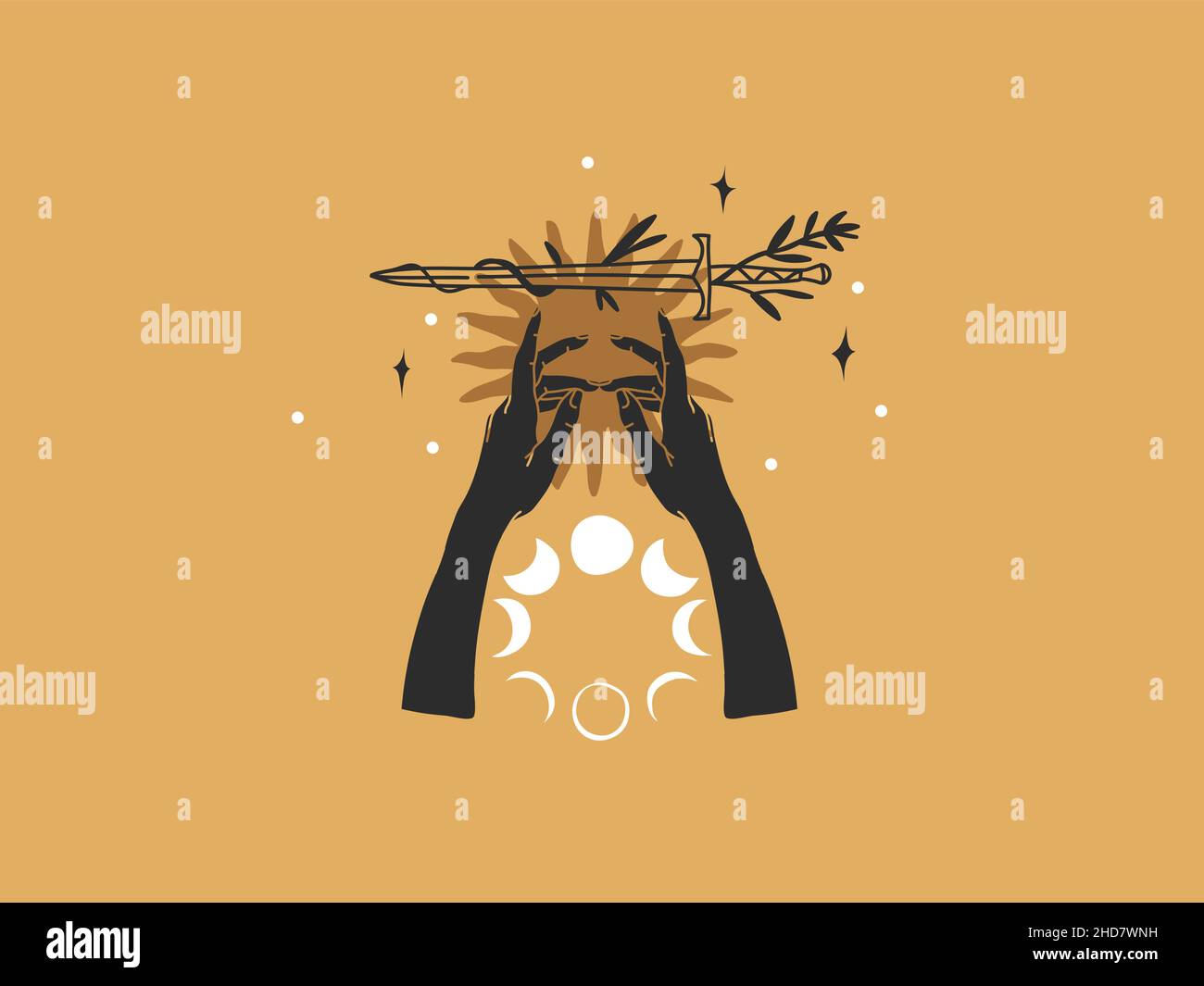 Dessin à la main vecteur résumé stock plat illustration graphique avec éléments de logo, épée, main humaine, fleurs et soleil, ligne magique art de lune dans le style simple Illustration de Vecteur