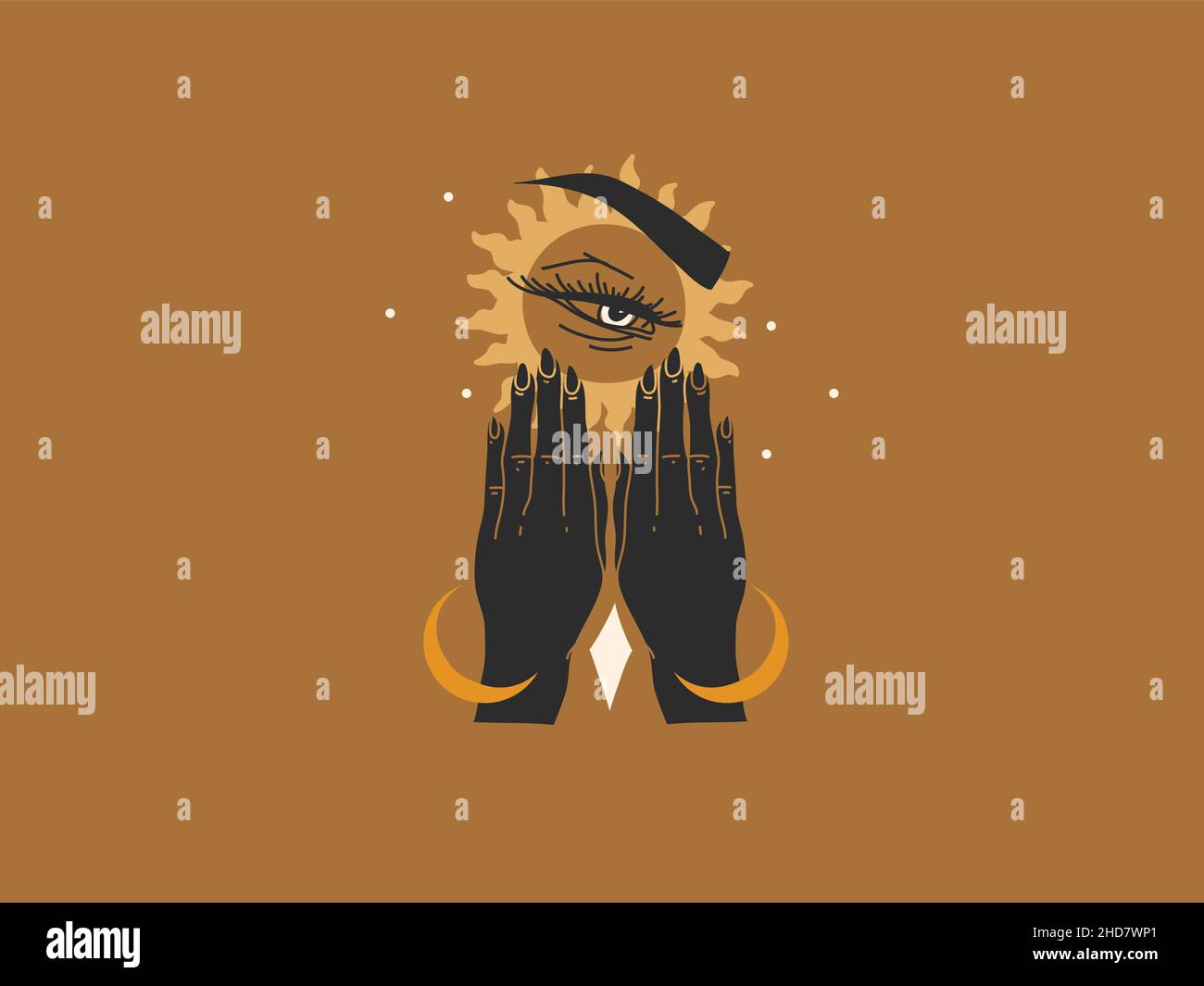 Dessin à la main vecteur résumé stock plat illustration graphique avec éléments de logo, soleil dans la main humaine, magie céleste ligne sacrée art dans le style simple pour Illustration de Vecteur