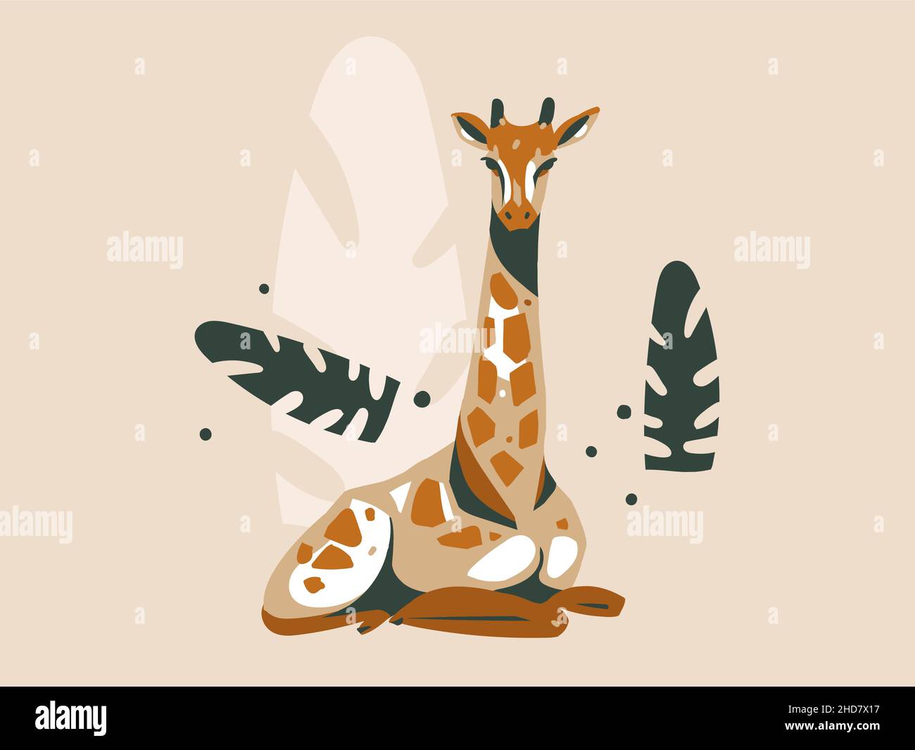 Dessin à la main vecteur abstrait caricature moderne graphique African Safari nature concept illustrations carte d'art avec girafe animal et feuilles de palmier tropicales Illustration de Vecteur