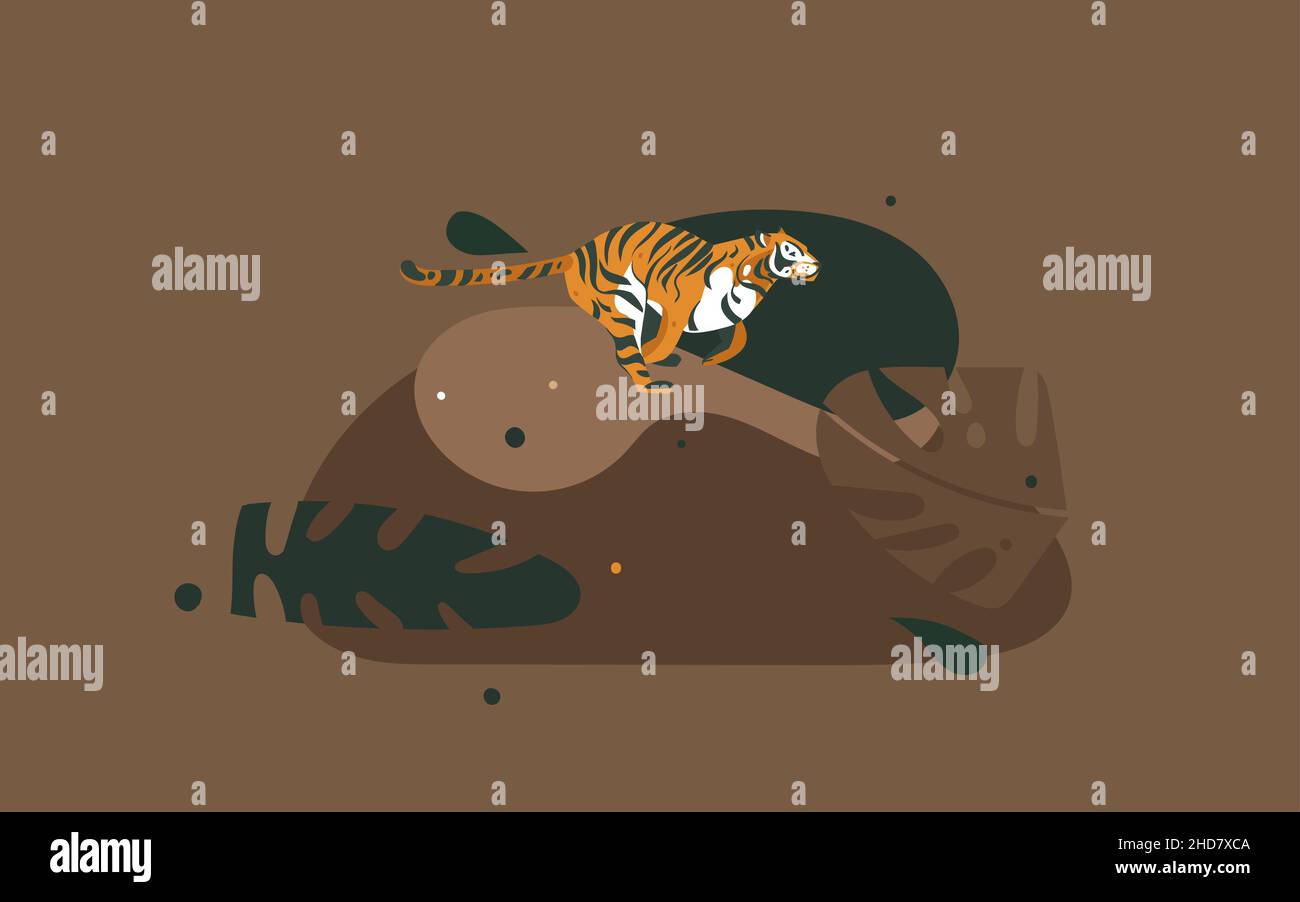Dessin à la main vecteur abstrait dessin animé moderne graphique Africain Safari nature concept collage illustrations poster art avec tigre sauvage et tropical Illustration de Vecteur