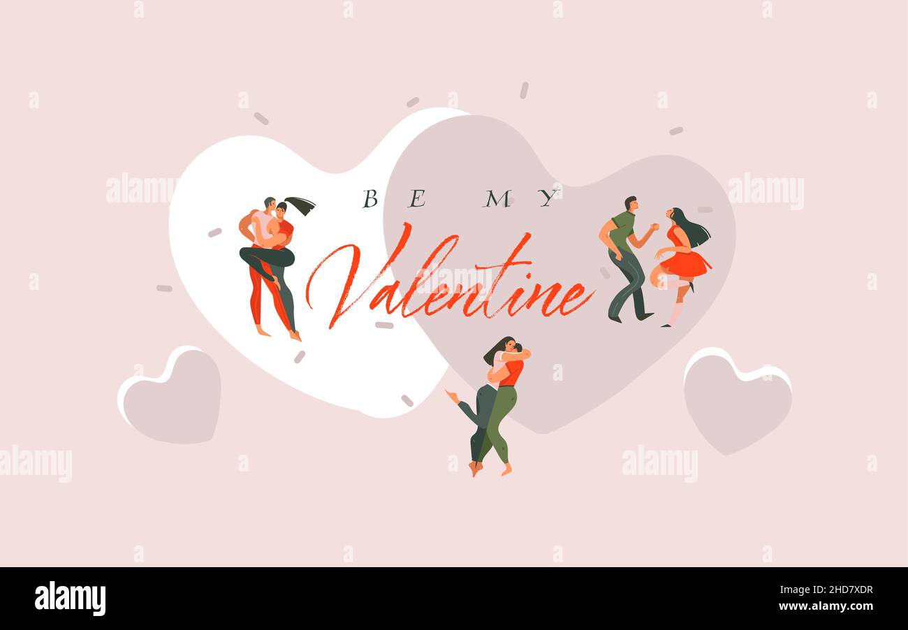 Dessin à la main vecteur abstrait dessin animé moderne graphique Happy Valentines Day concept illustrations carte d'art avec des couples dansants personnes isolées dessus Illustration de Vecteur