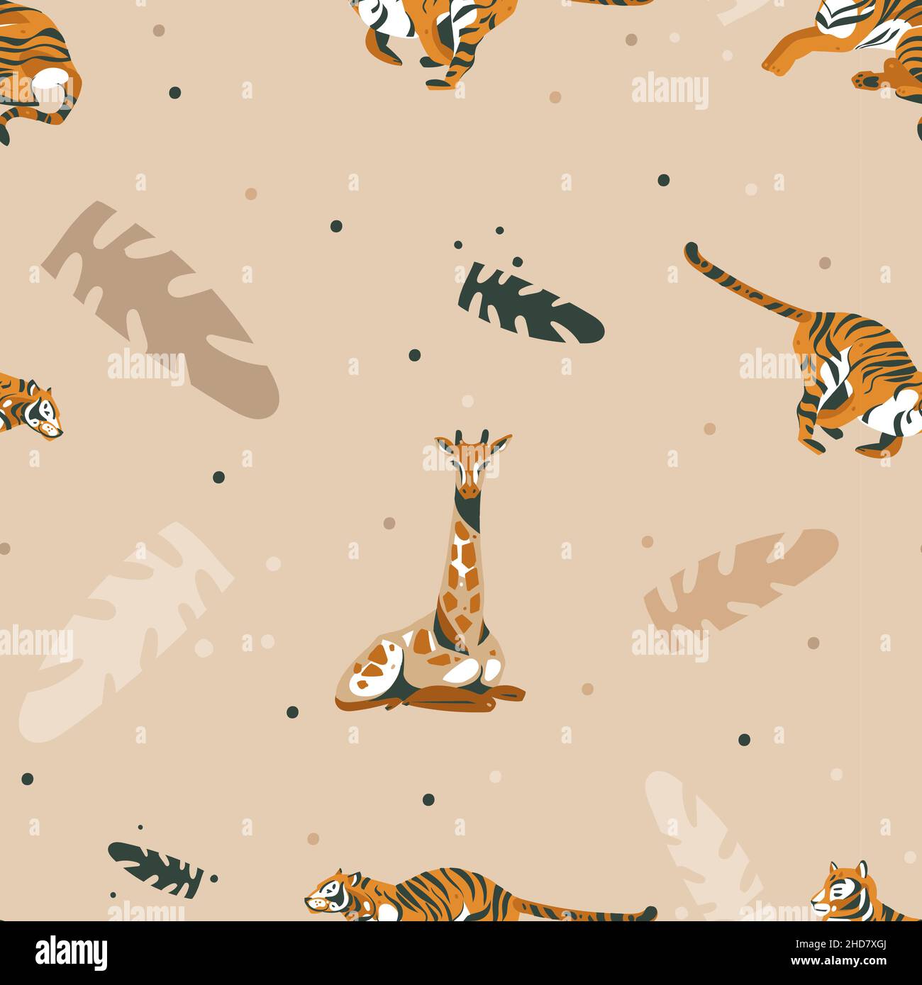 Dessin à la main vecteur abstrait caricature moderne graphique African Safari nature illustrations art collage sans couture motif avec girafe et tigres animaux Illustration de Vecteur