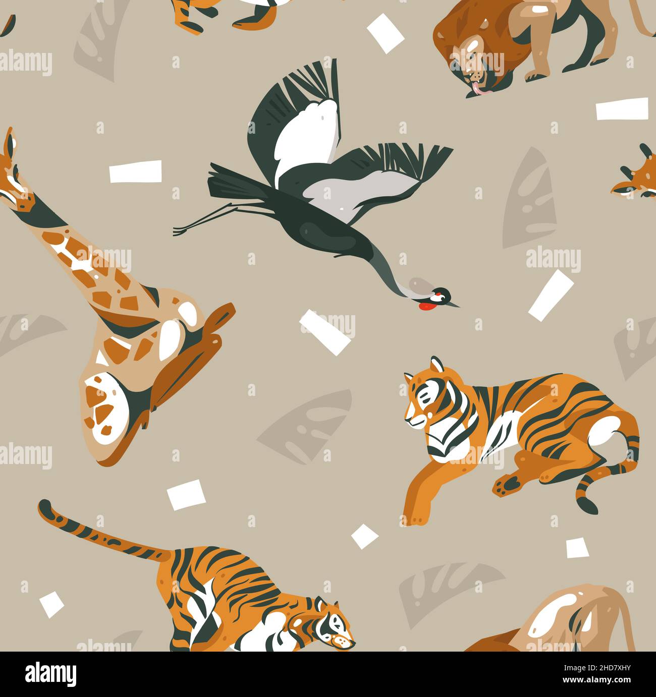 Dessin à la main vecteur abstrait moderne graphique Africain Safari nature ornemental tribal illustrations art collage sans couture motif avec tigres, lion, grue Illustration de Vecteur
