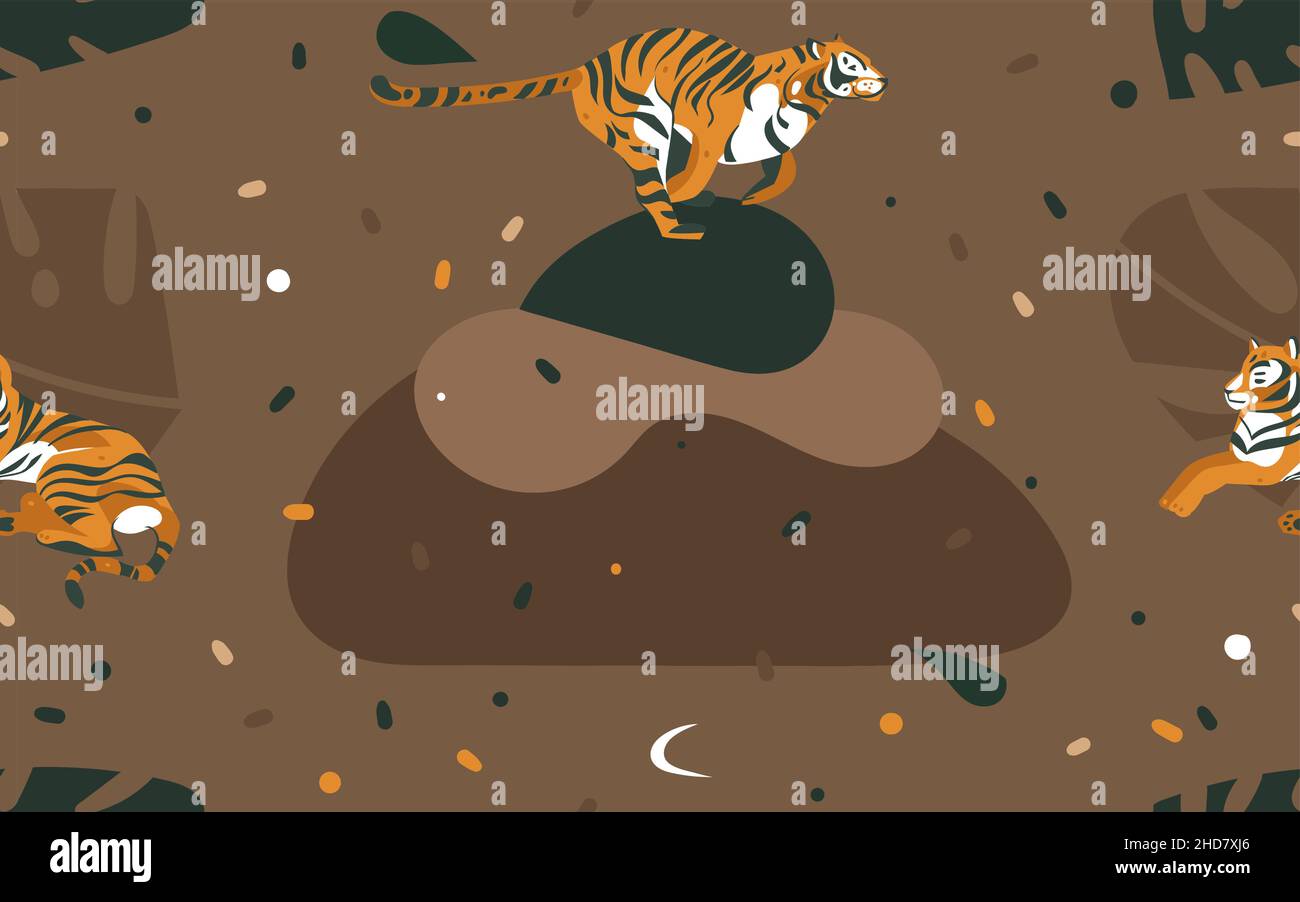 Dessin à la main vecteur abstrait caricature moderne graphique African Safari nature illustrations art collage sans couture motif avec tigres animaux et tropical Illustration de Vecteur