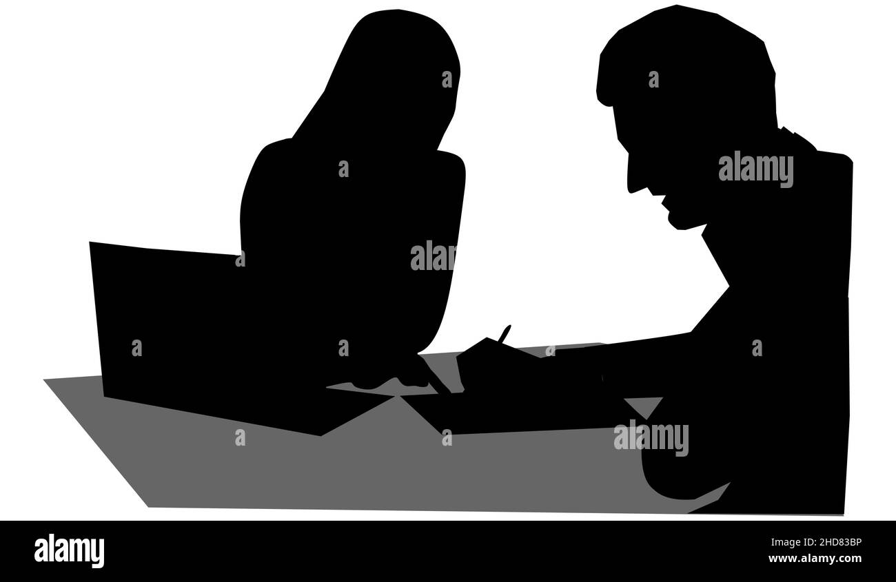 Silhouette noire d'une réunion ou d'une conversation entre un homme et une femme, un homme et une femme signant des documents Illustration de Vecteur