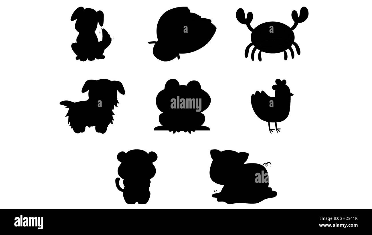 Silhouettes noires ensemble d'animaux de style dessin animé, Logos et icônes Illustration de Vecteur