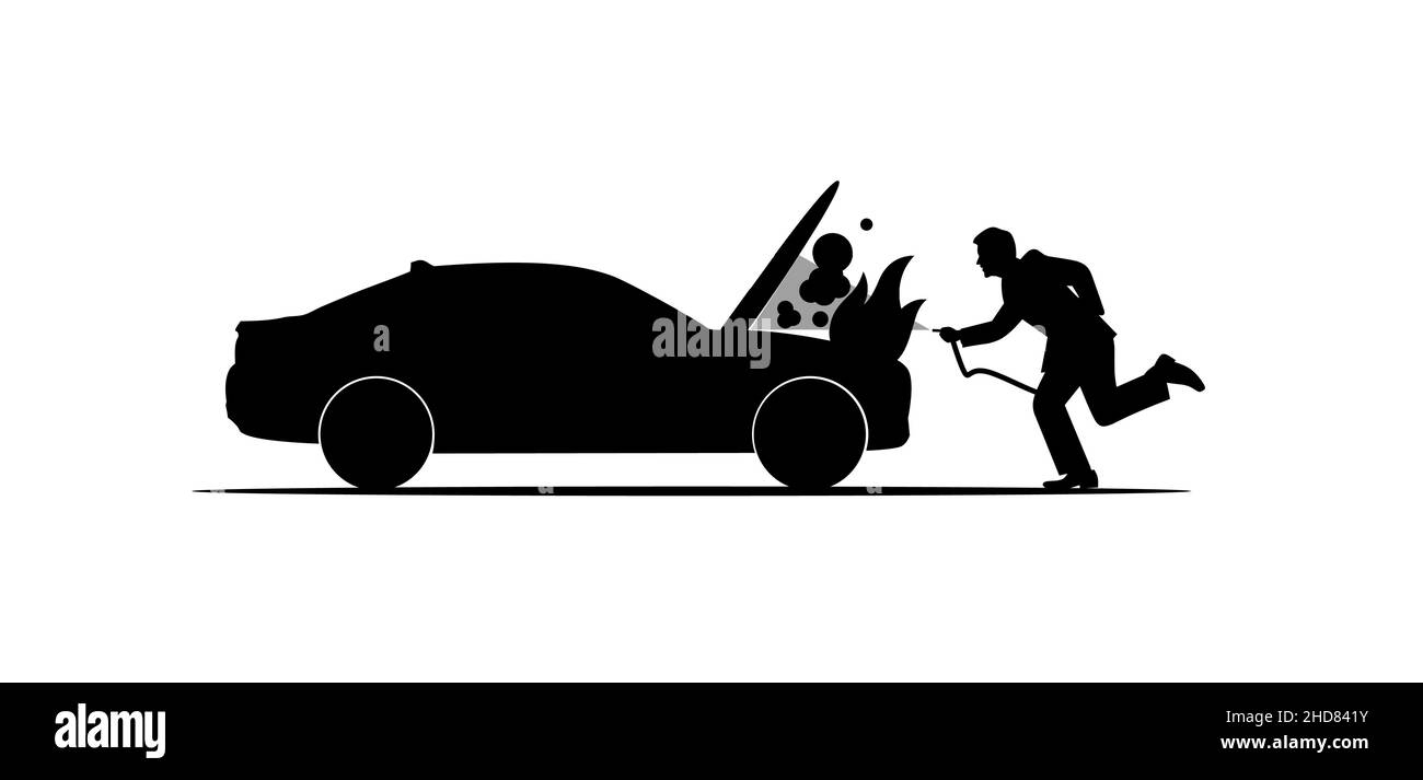 Silhouette noire d'un accident de voiture, incendie dans un moteur de voiture avec un homme extinction d'incendie isolé sur fond blanc Illustration de Vecteur