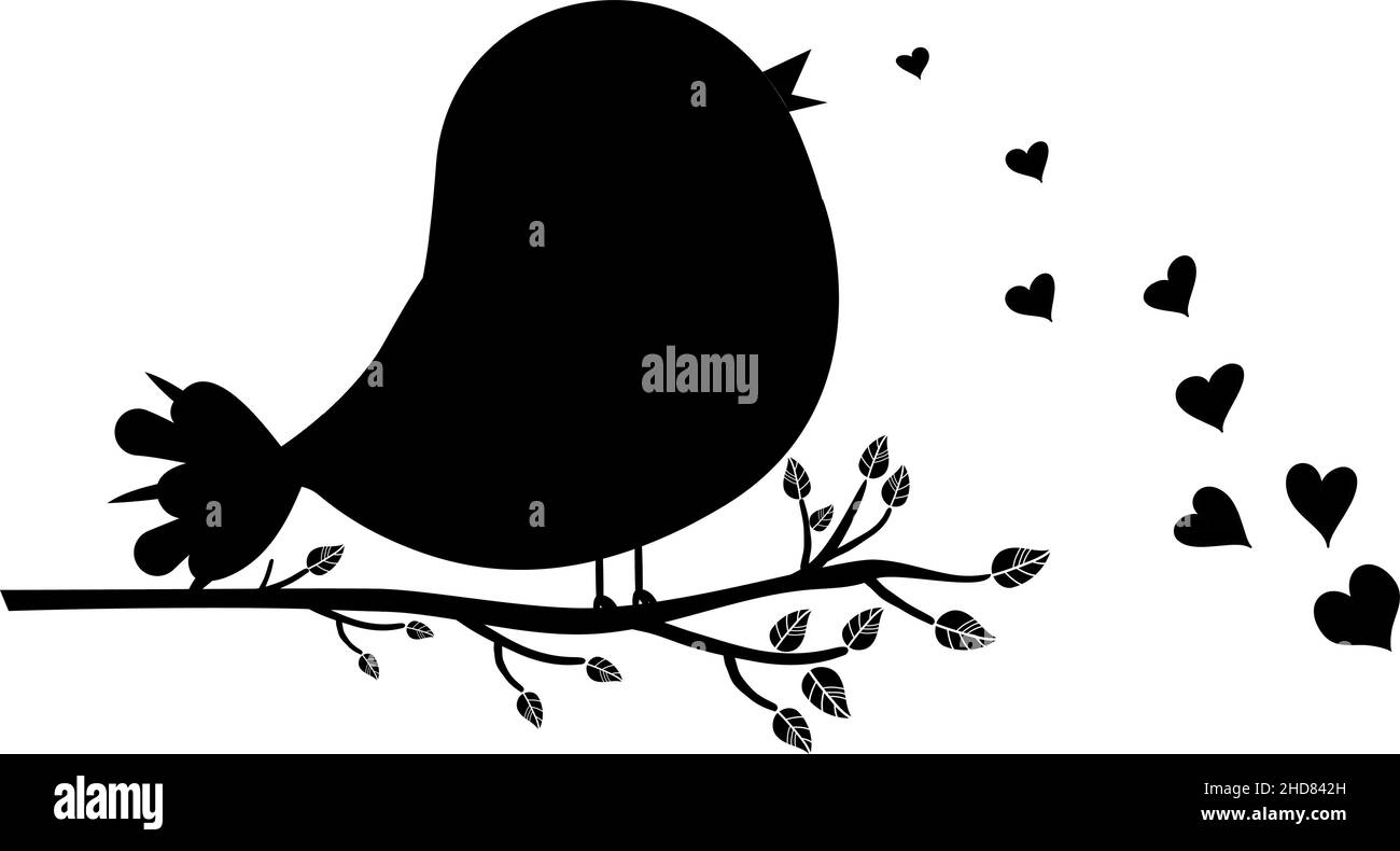 Silhouette noire d'un petit oiseau sur une branche avec des feuilles chantant les coeurs Illustration de Vecteur