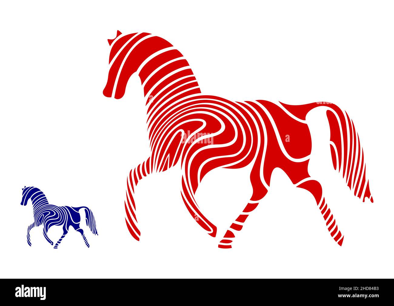 Rayures blanches sur le cheval rouge, logo chevaux, design d'étiquette et panneau pour les entreprises Illustration de Vecteur