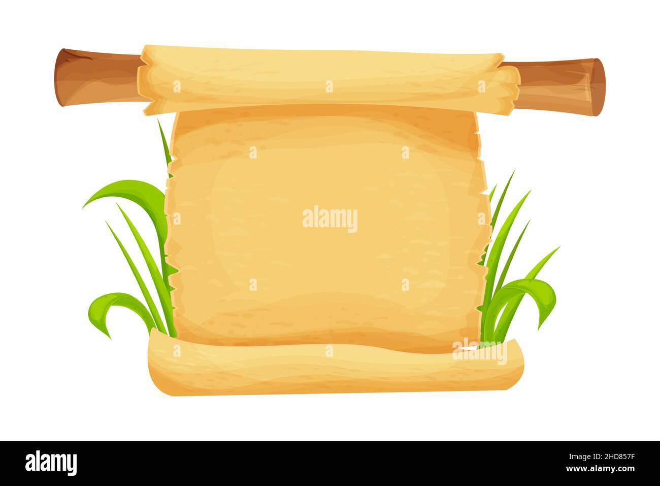 Rouleau parchemin sur bâton de bambou avec herbe dans le style de dessin animé isolé sur fond blanc.Actif de jeu, élément de conception.Papier ancien et médiéval.Illustration vectorielle Illustration de Vecteur
