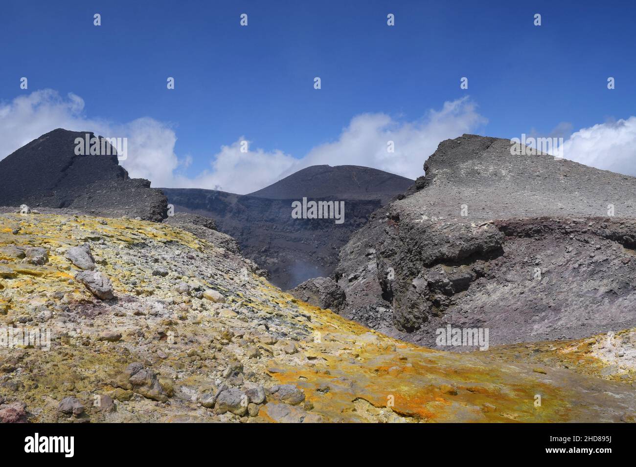 Sommet du cratère du volcan Etna en Sicile, Italie.Dépôts de soufre jaune (soufre) sur les roches grises et brunes.Ciel bleu avec nuages blancs. Banque D'Images